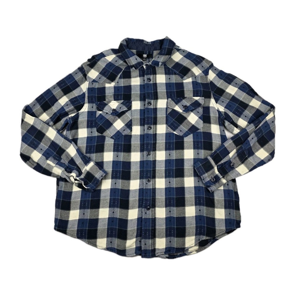 Frye‎ Shirt Mens Size Large Jacquard Flannel Blue White Plaid Casual Top